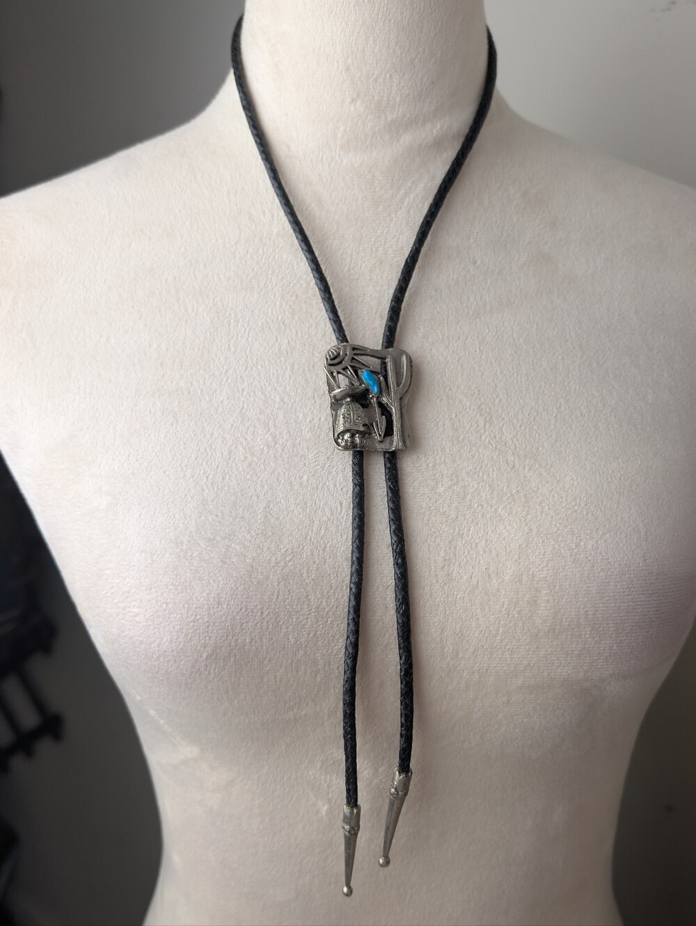 Vintage Southwestern Bolo Tie Cactus Sun Turquoise Color Cabochon Western